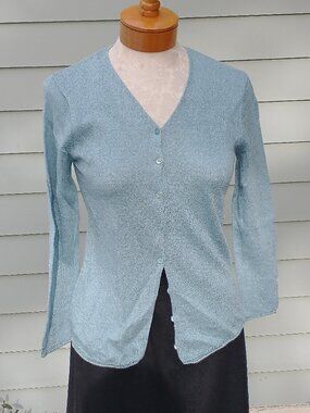 Cardigan: linen/cotton/viscose, light steel blue. Snug small - by Eileen Fisher